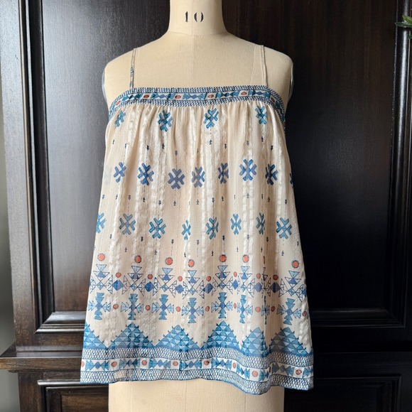 Joie Tops - NWT JOIE Rosenda Silk Tank Blouse Aztec‎ Print Cream Blue Metallic Threads L NWT